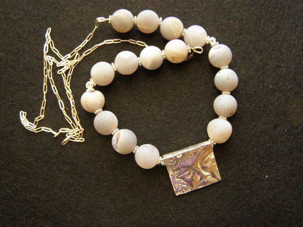 Pure Silver Pendant 'Woman In Shades Of Gray' Art Nouveau Gray Druzy Agate Necklace