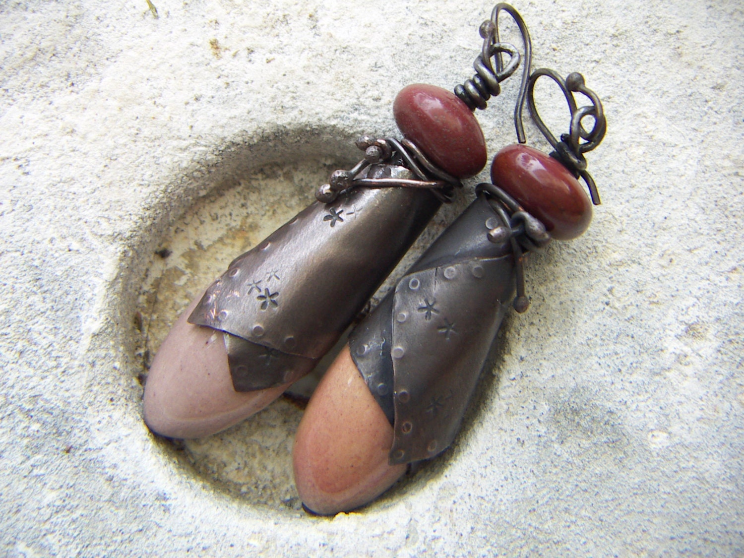 Dusty Rose Mookaite Earrings in Copper Wrap