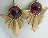 Earrings Art Deco Amethyst Glass and Brass Vintage Geometric Earrings - Handmade