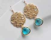 Bohemian Paisley Teal Blue Gold Dangle Earrings, Indicolite Sea blue Filigree Glass Earrings,Bridesmaid Earrings, Everyday Casual Jewelry
