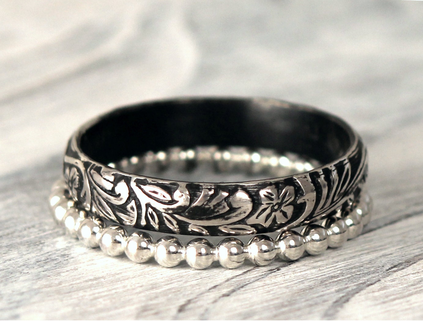 Sterling Silver Stacking Two Ring Set w Secret Message- Antique Classic Pattern Ring and Bead Ball Ring Set by Pale Fish NY