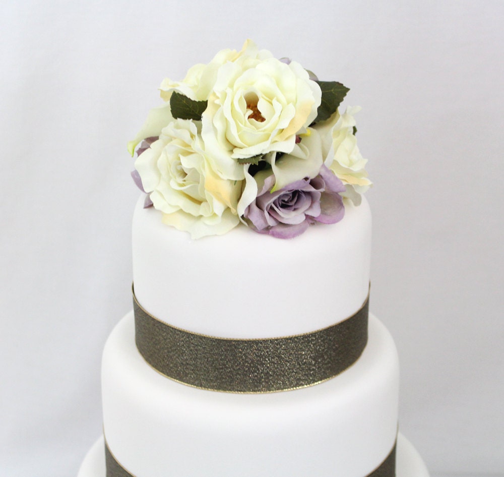 Wedding Cake Topper - Calla Lily, Ivory, Lavender Rose, Silk Flower Cake Topper, Wedding Cake Flowers