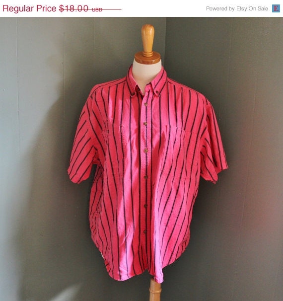 birthday sale // Vintage 80s HOT Pink and Black Stripe Short Sleeve Shirt - Timber Trail - Men Large - Surf Style