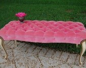 Vintage Shabby Chic French Tufted Pink Bench Stool Hollywood Regency Cottage Style at Retro Daisy Girl