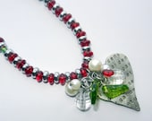 Red Silver Beaded Heart Charm Necklace