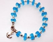 Blue Sea Glass Bracelet with Silver Anchor Charm