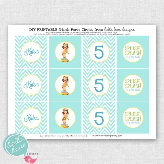 Pool Party Printable Cupcake Toppers - party circles - party logos by hello love designs Il_570xn