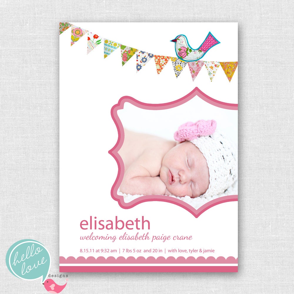 printable birth announcement - birdie on a bunting by hello love designs