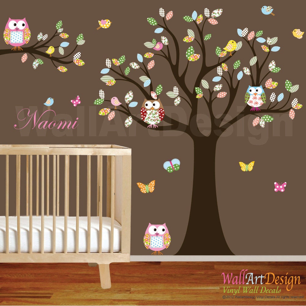 Vinyl Wall Decal Stickers Owl Tree Set with Custom Name Nursery Girl Baby