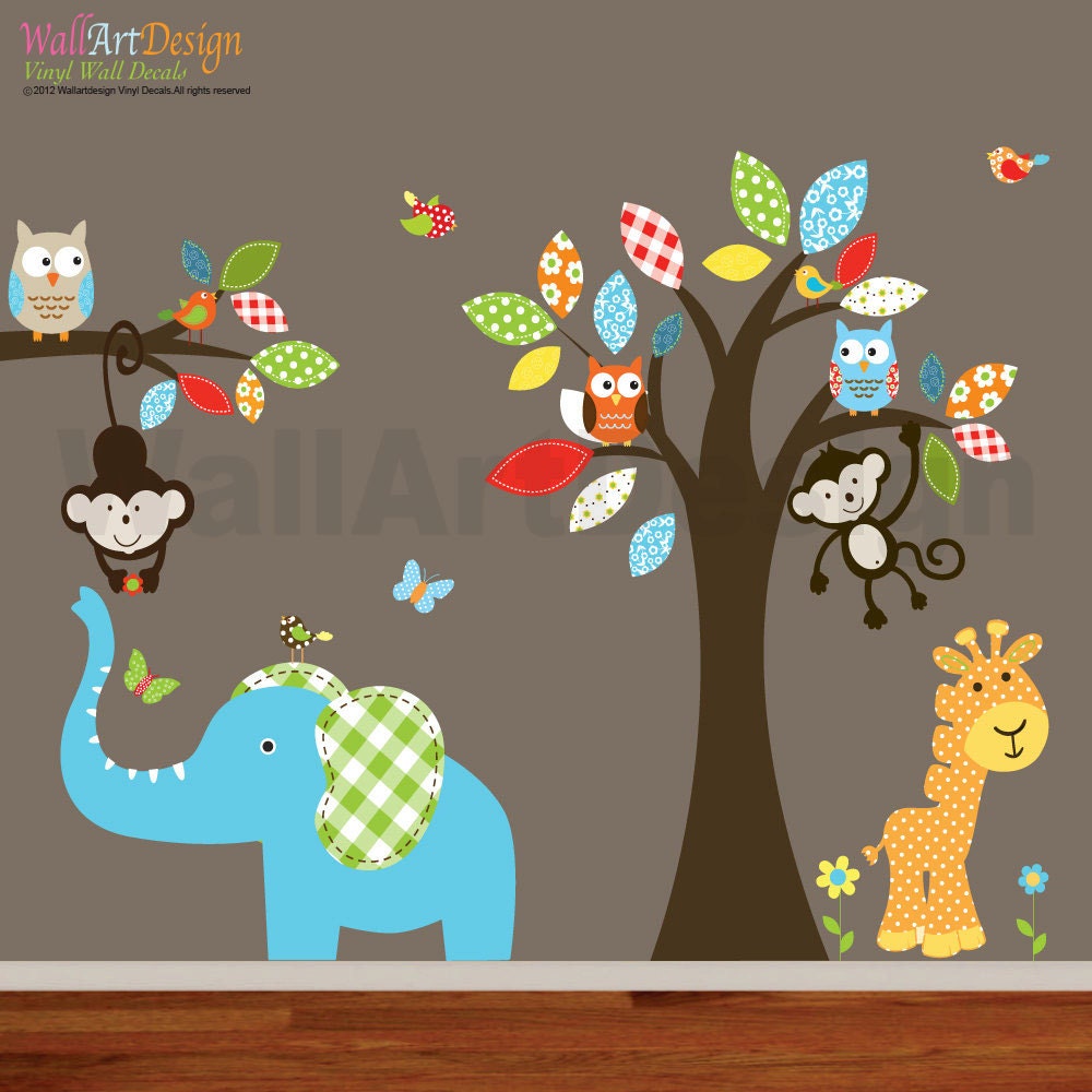 Jungle decal Giraffe,elephant,monkey nursery wall decal sticker vinyl tree decal