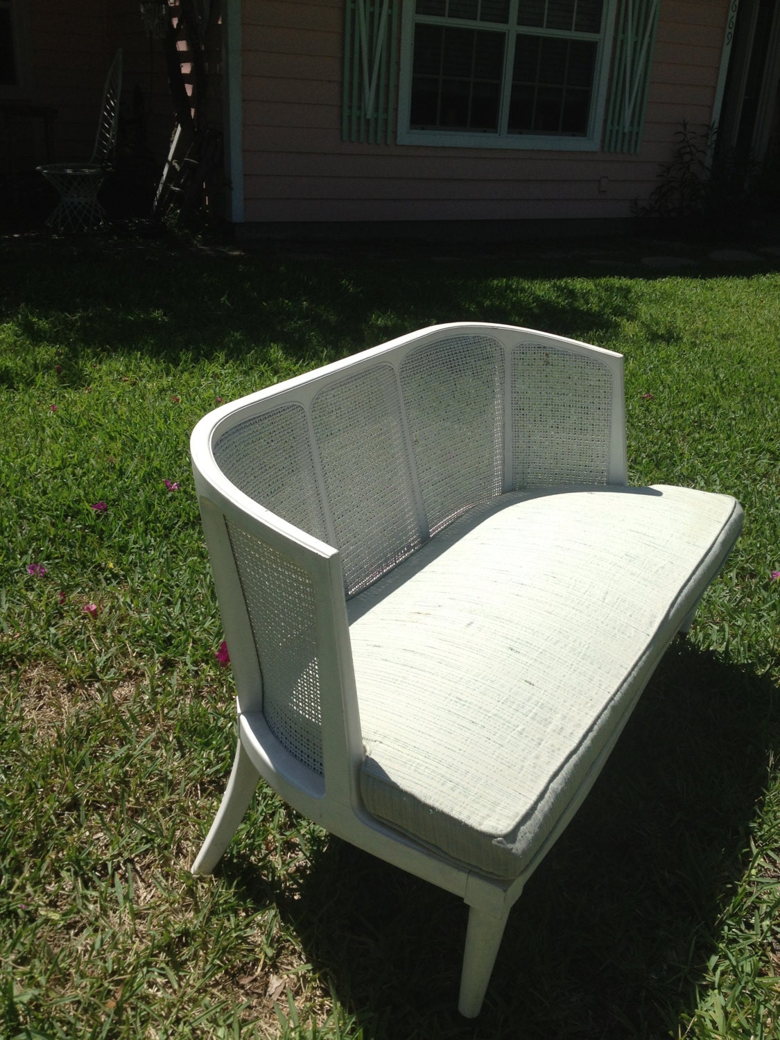 Vintage French Provencial Cane Settee Hollywood Regency Shabby Chic Barrel Back by Modern Logic Memorial Day Sale