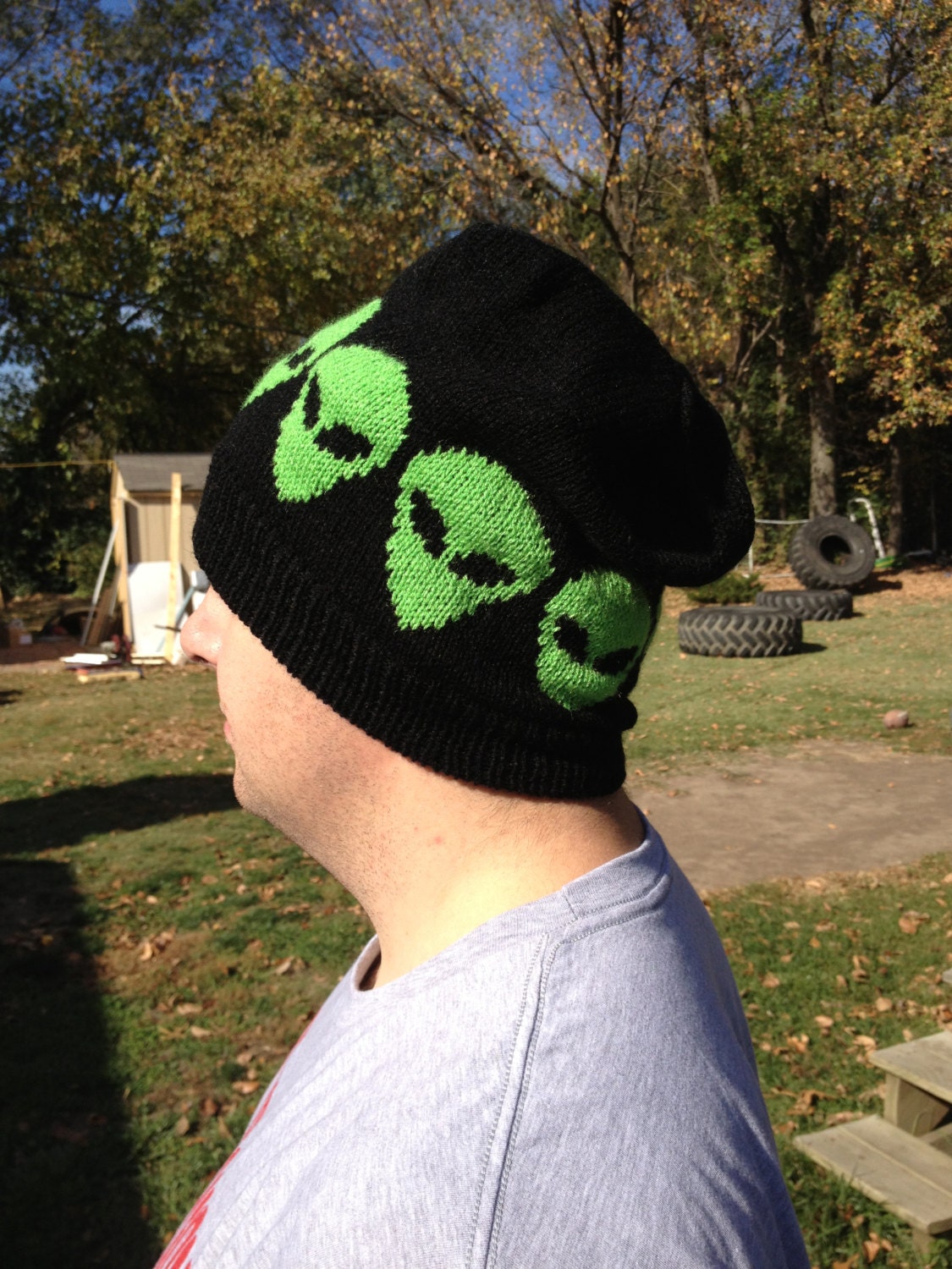 Black Alien  Slouchy Hat in Acrylic Yarn
