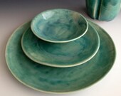 Handmade organic slab dinnerware place settings set of three pieces, dinner plate, side plate, dessert bowl by Leslie Freeman