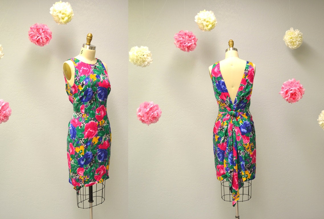 Vintage silk dress / backless sundress / floral print