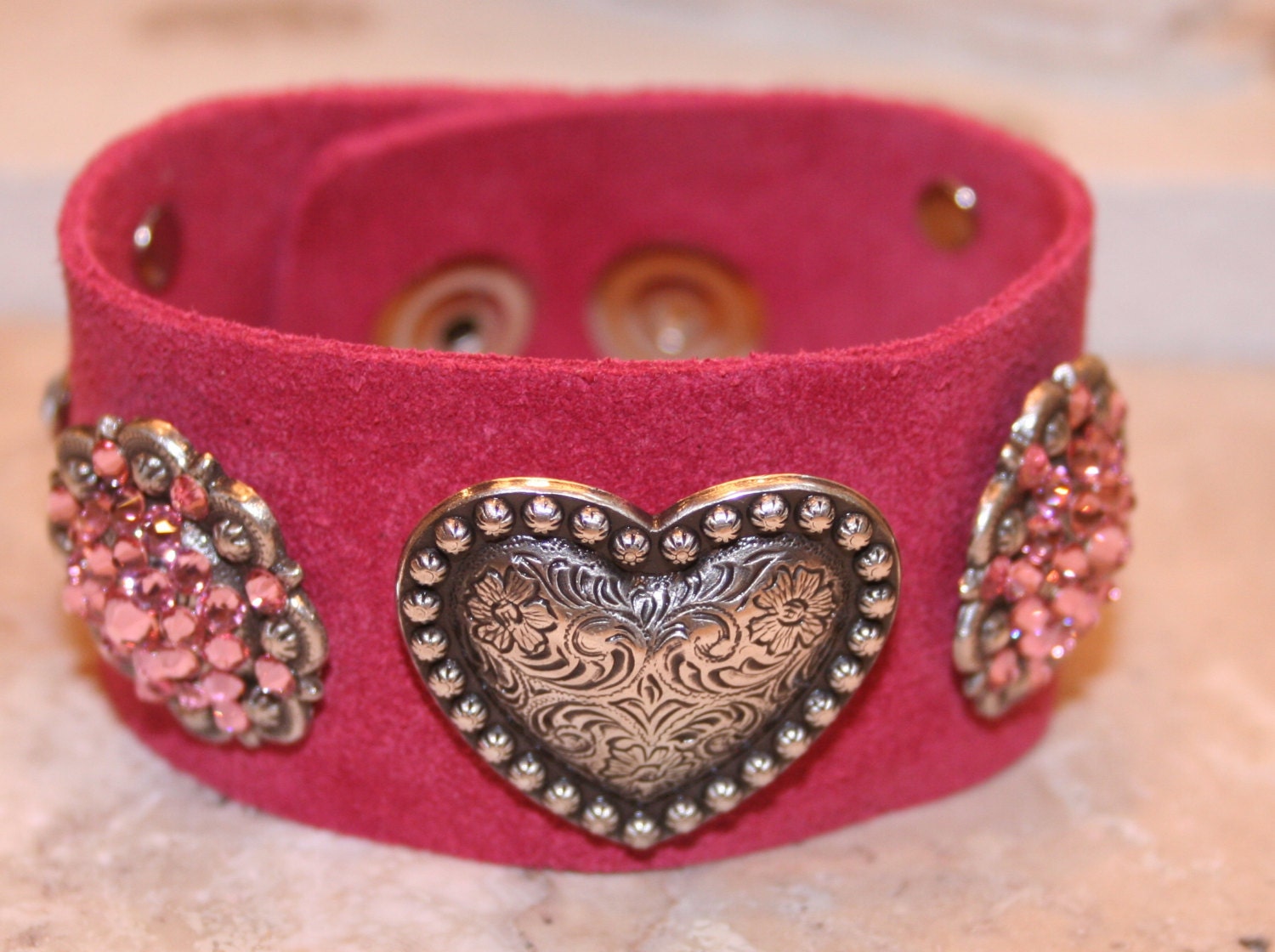 Pink Cuff / Suede Cuff / Heart Cuff / Swarovski Cuff / Love Romantic / Boho / Pewter Cuff