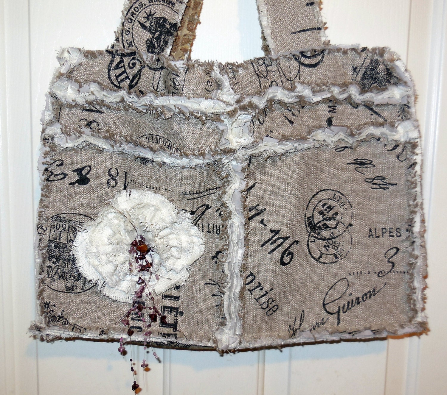 Shabby chic, Rag, tattered, vintage look, frayed, shoulder bag, purse, tote, beige, cream and black print  by Jewellgem on ETSY