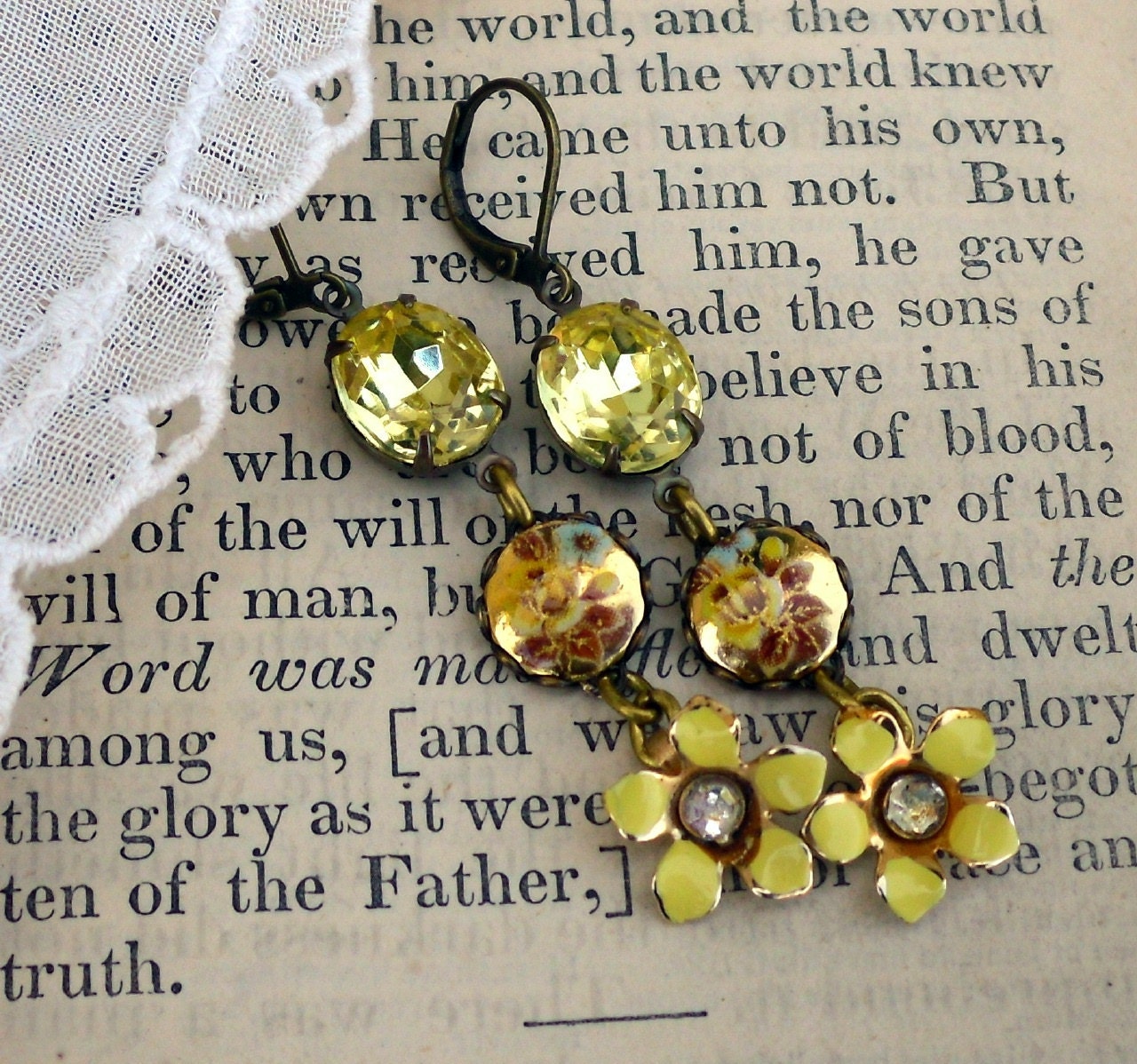 In the Language of Flowers, Vintage Jonquil Yellow Rhinestone and Enamel Flower Assemblage Earrings
