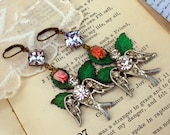Birds in the Rose Garden, Vintage1940s Pot Metal Rhinestone Birds, Genuine Vintage Coral Roses and Alexandrite Rhinestone Earrings
