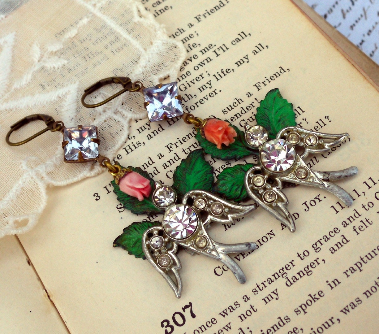Birds in the Rose Garden, Vintage1940s Pot Metal Rhinestone Birds, Genuine Vintage Coral Roses and Alexandrite Rhinestone Earrings