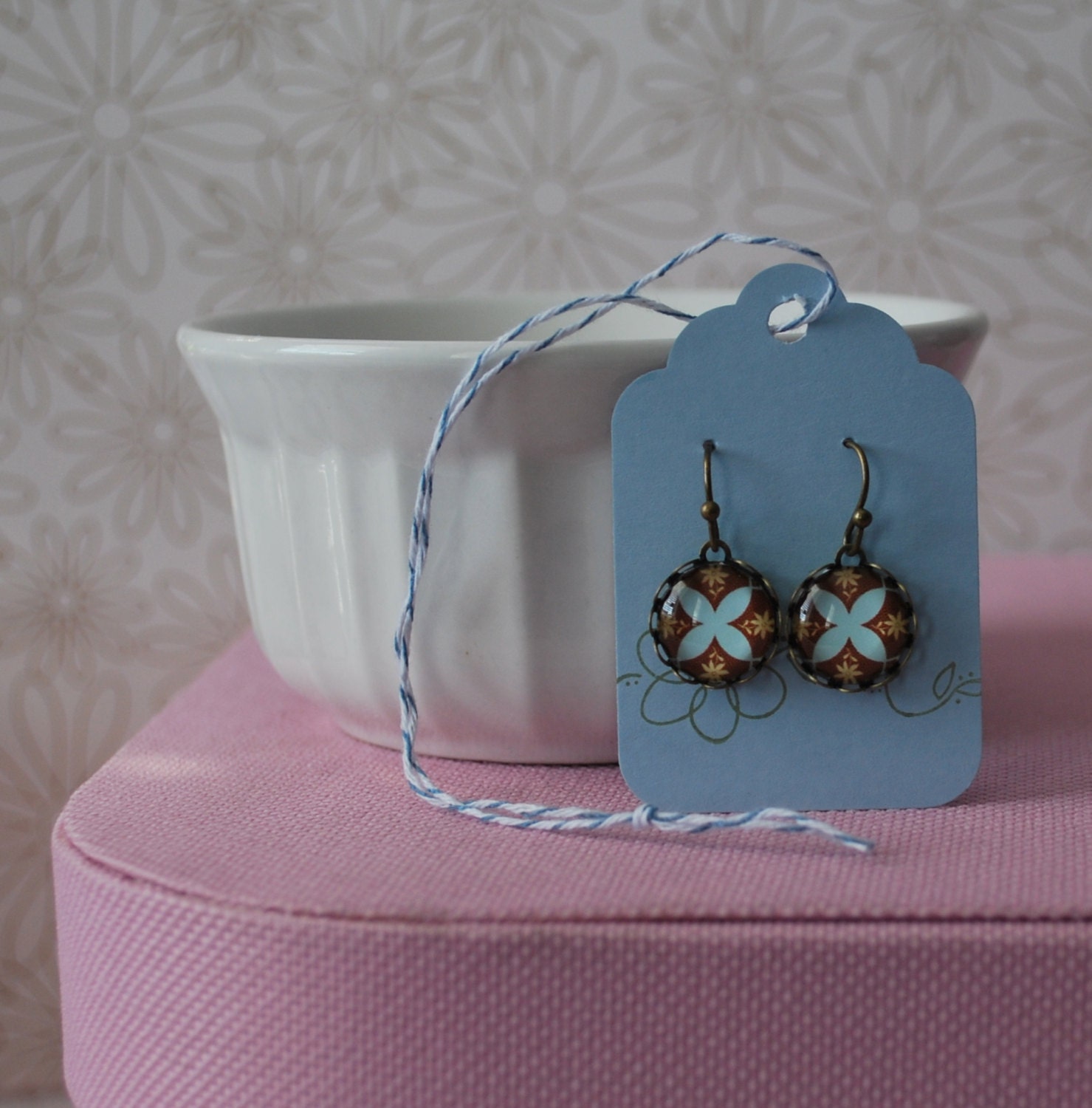 Brown and Blue Poppy Glass Cabochon and Paper Earrings