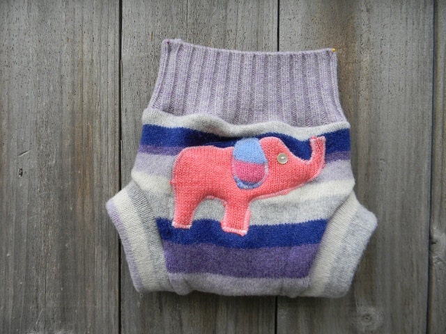 Upcycled Wool Soaker Cover Diaper Cover With Added Doubler Purple/White/Gray Stripes With Elephant Applique SMALL 3-6M Kidsgogreen