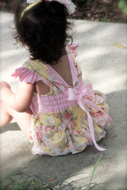 BLINGED Yellow Rose Big Bow Ruffled Bottom Romper w/ Lace FLUFF - 0-24mths
