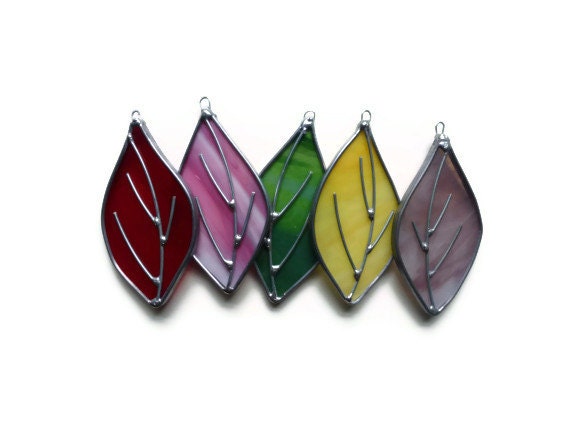 Stained Glass Seasonal Leaves - Set of 5 Ornaments Suncatchers Window Decor