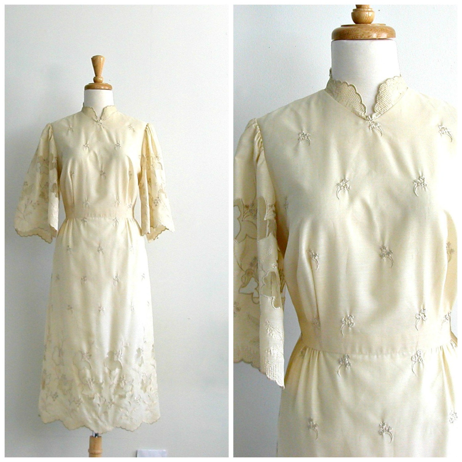 1970s Cream Dress / embroidered dress / ivory wedding dress / garden party dress / tea dress / spring wedding dress / medium