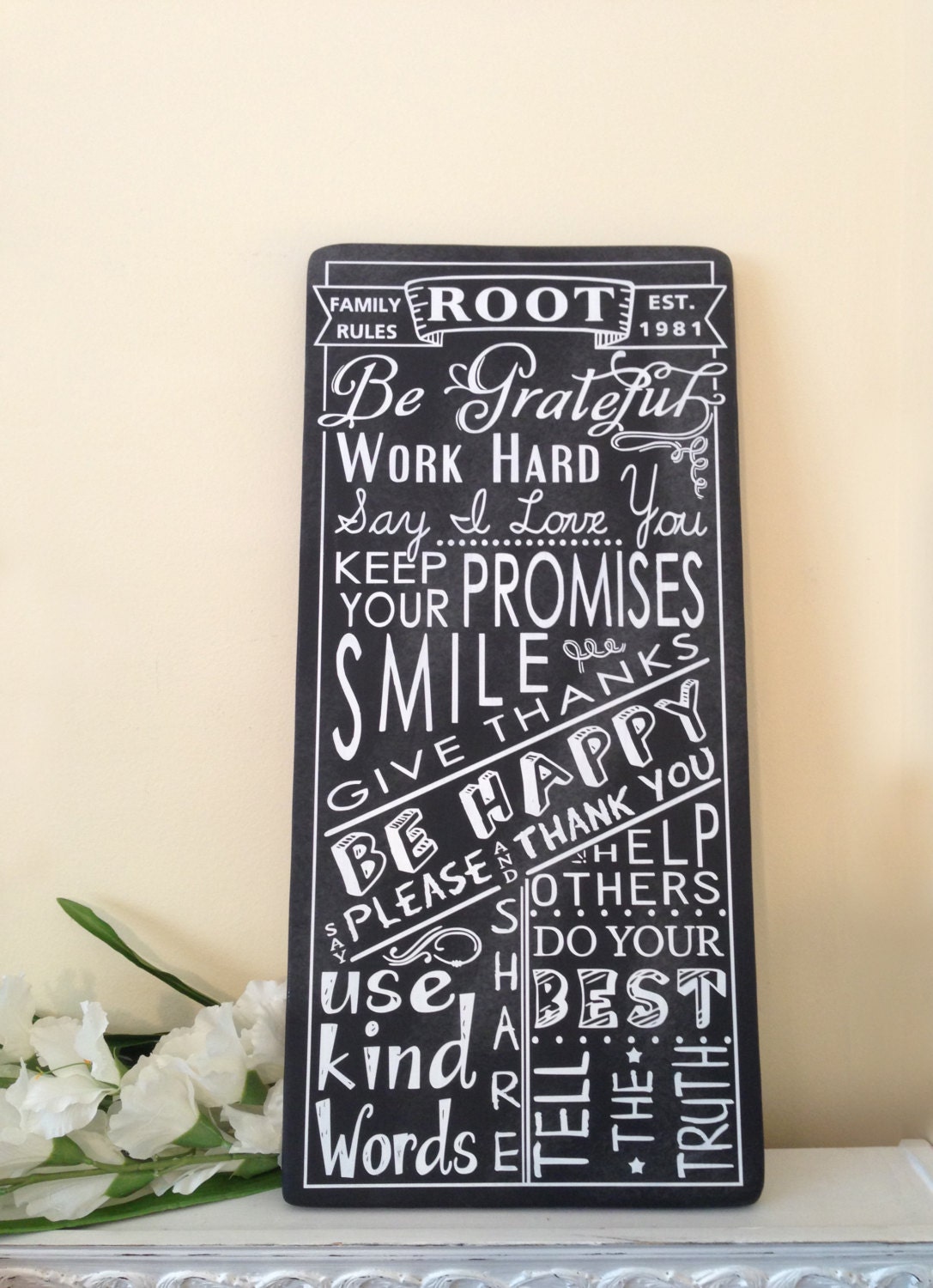 Customized FAMILY RULES  - CHALKBOARD Style Typography Word Art Sign on wood -Personalize with your Family Name and Established Date