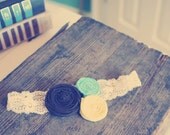 Vintage Style Blue Yellow Brown Rosette Lace Stretch Headband