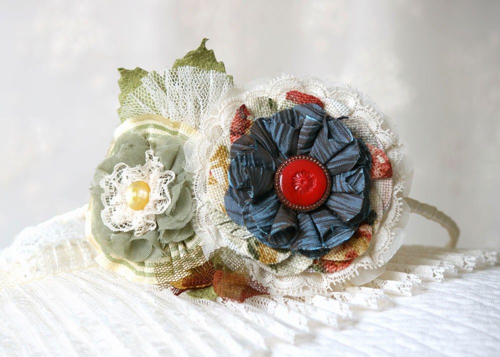 Fabric Flower Headband, Colorful Floral Headband with Vintage Buttons and Lace