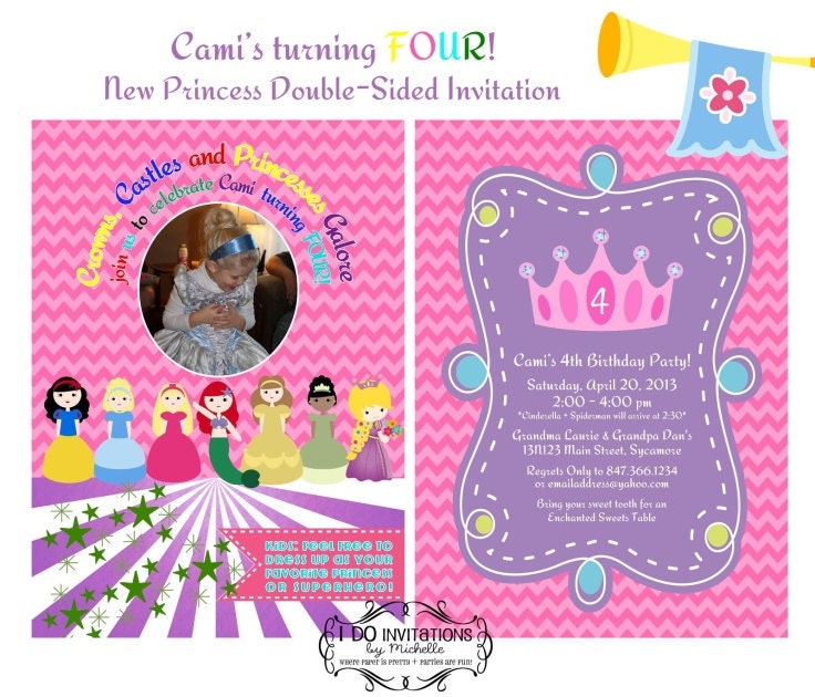 Princess Birthday Party Invitation - Snow White, Cinderella, Aurora, Ariel, Belle, Tiana, Rapunzel Inspired - Double-Sided Digital File
