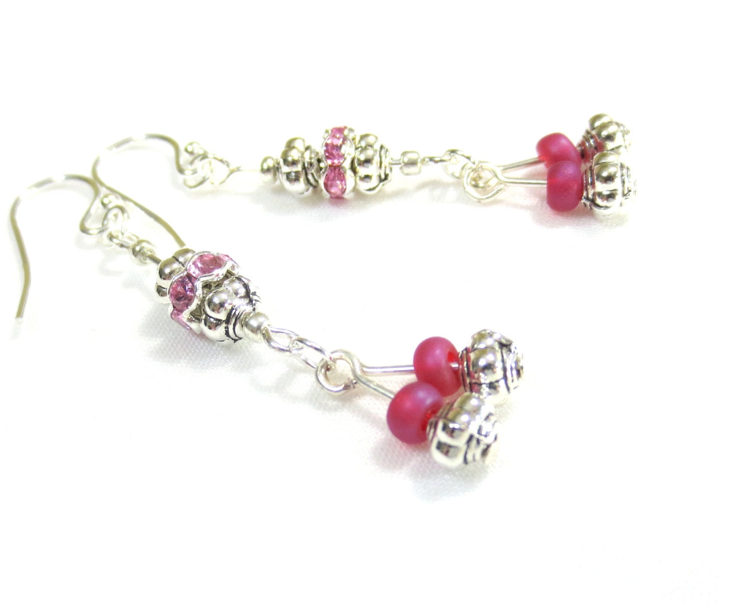 Silver Dangle Earrings, Rose Pink Czech Glass, Pink Swarovski Crystal Rondelles, Puffed Silver Beads, Sterling Silver Earring Wires