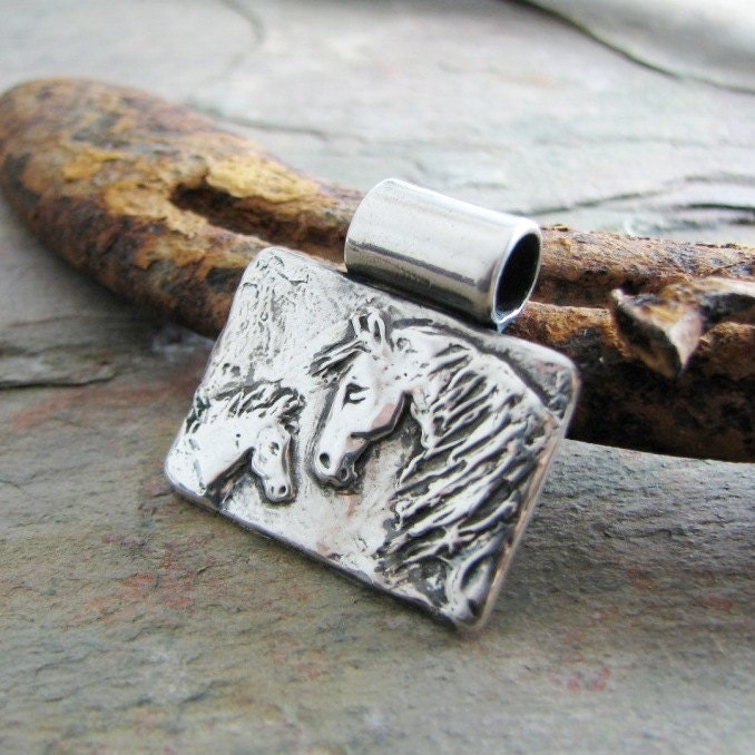 PMC Fine Silver Horse Pendant, Artisan Handmade, Mare and Foal