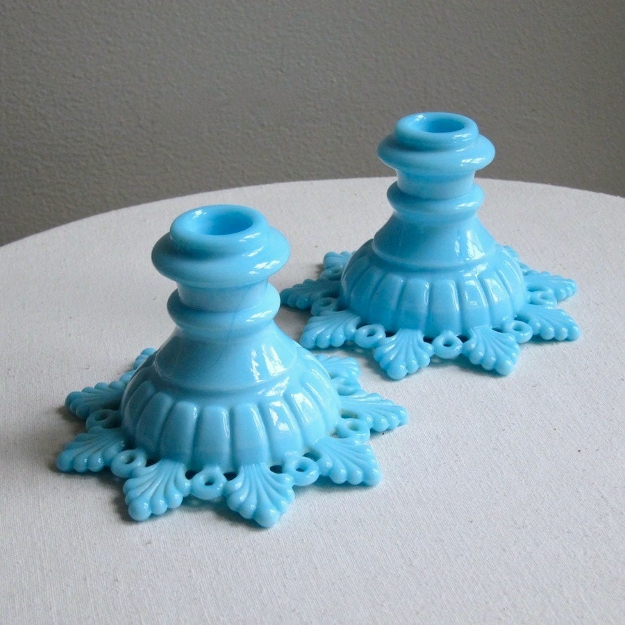 Blue Milk Glass Candlesticks - Westmoreland Petal and Ring