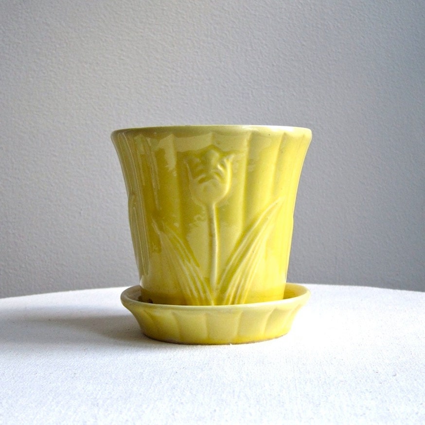 Vintage American Pottery Flower Pot with Tulip Design Yellow Glaze Planter