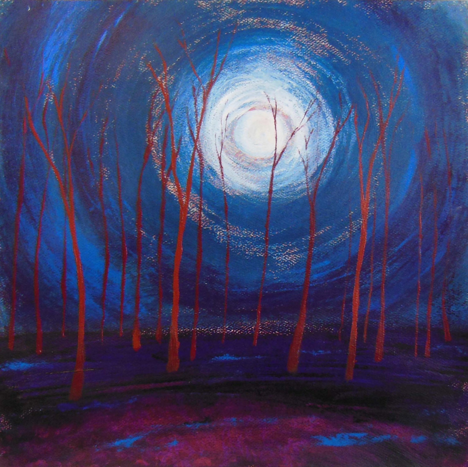 original landscape painting, full moon over the woods, moon painting, acrylic on damask paper, original art