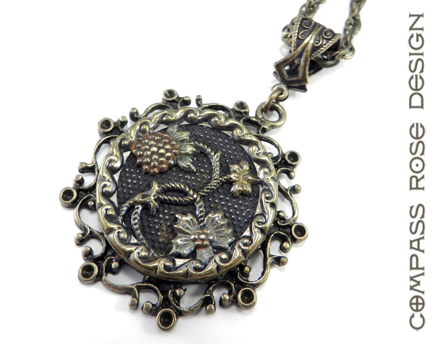 Antique Button Jewelry, Victorian Button Necklace, Art Nouveau Blue Blossom Pendant on Antiqued Gold