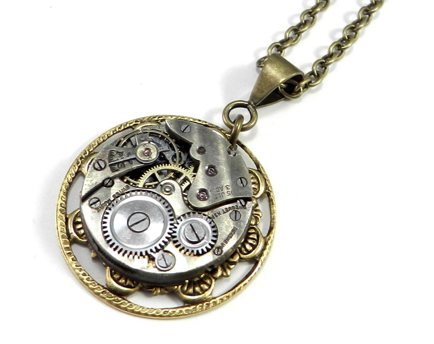 Steampunk Necklace, Antique Mechanical Watch Movement, Victorian Revival Pendant in Brass