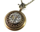 Steampunk Necklace - Clockwork Steampunk Necklace - Mechanical Watch Pendant Brass Ruby Jewel on Brass by Compass Rose Design