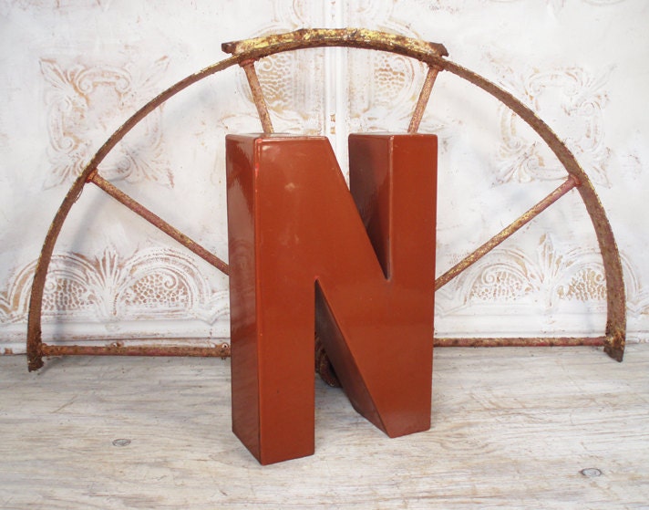Vintage Brown Porcelain Salvaged Sign Letter N