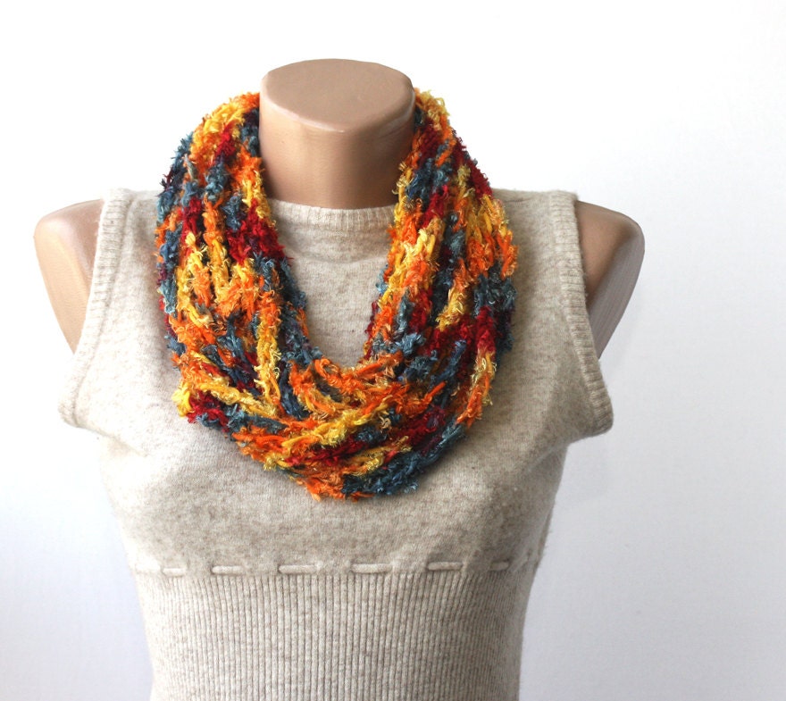 Infinity scarf - summer scarf - crochet multicolor necklace - fiber necklace - soft vegan scarf - orange charcoal grey yellow red