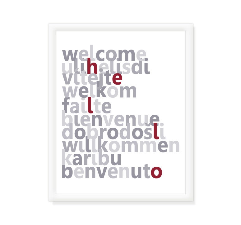 Typographic Art: Welcome Hello Languages - Gray and Red Housewarming Gift - 11x14, 8x10 or 5x7  Modern Art Digital Print