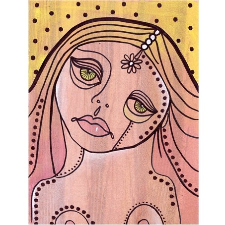 DOWNLOADABLE original art. Outsider art blond haired girl woman face nude breasts cartoon illustration. Printable PDF download