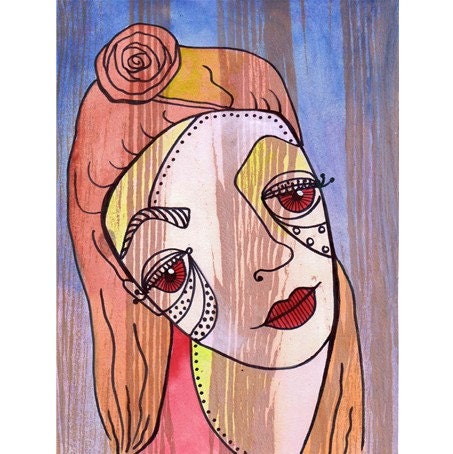Outsider art illustration whimsical girl face portrait long red hair drawing painting. PDF download printable.