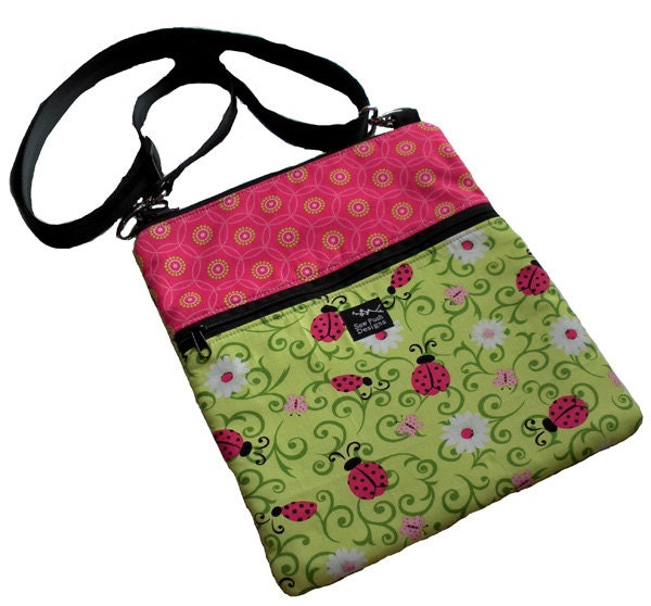 Ready to Ship Ladybugs Daisies Flowers Fabric iPad Kindle Nook  E Reader Passport Travel Messenger Bag Sling Washable