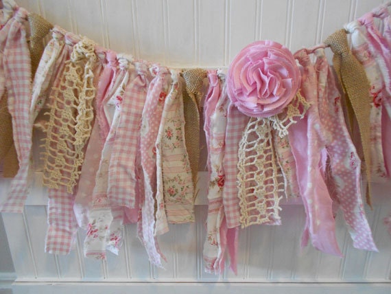 Shabby Burlap Lace Pink Wedding /Torn Fabric Rag Garland /Cottage/Banner/ Vintage Rag Tie Garland  /Baby Shower/Birthday / Nursery