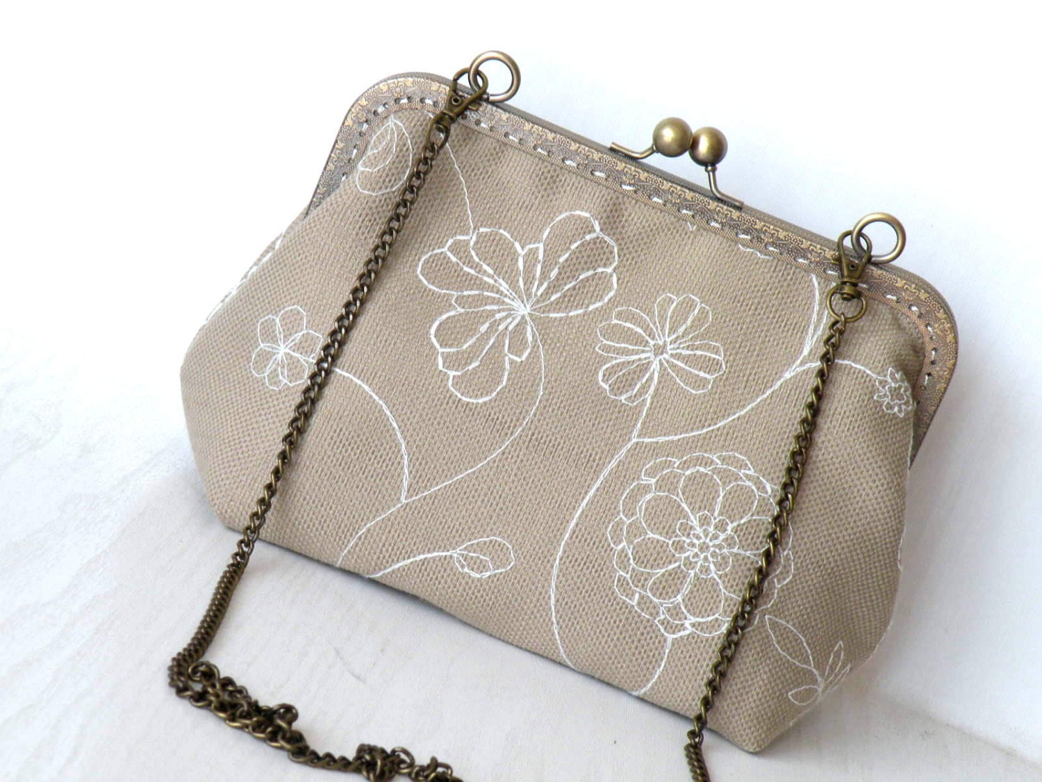 Hand stitched white flowers on beige kanvas ,shoulder bag,purse,hand bag,clutch