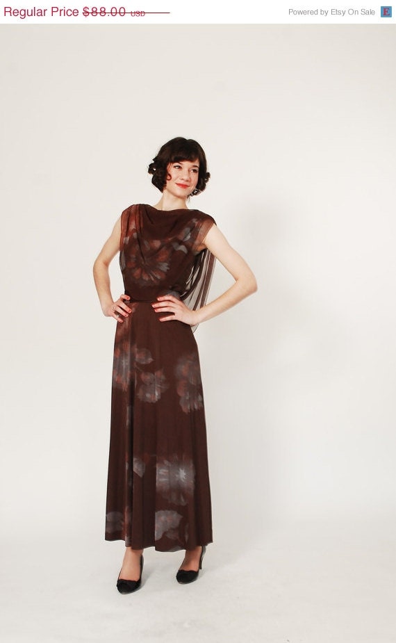20% OFF - 70s Dress - 1970s Long Dress - Bistre Brown Watercolor