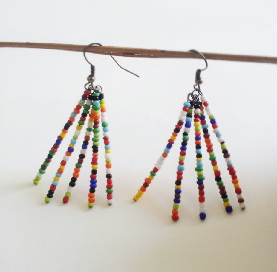 Bright beaded dangle earrings-ethnic beaded dangle earrings